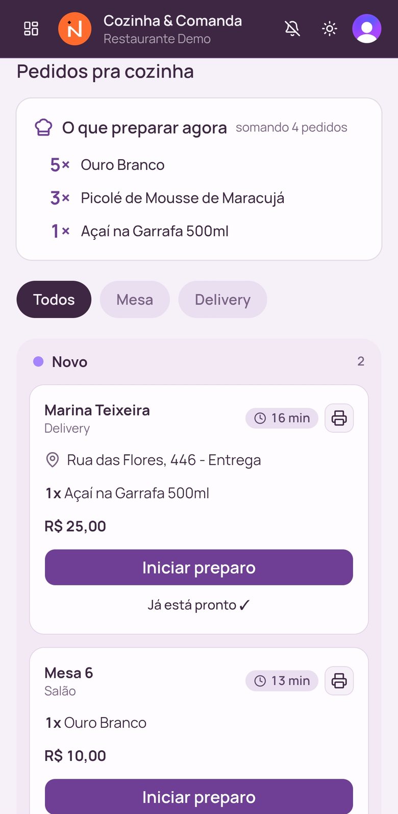 Cozinha com os pedidos em quatro colunas